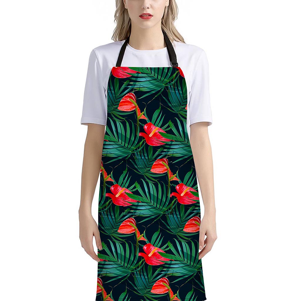 Hawaiian Tropical Flowers Pattern Print Bib Apron With Pocket