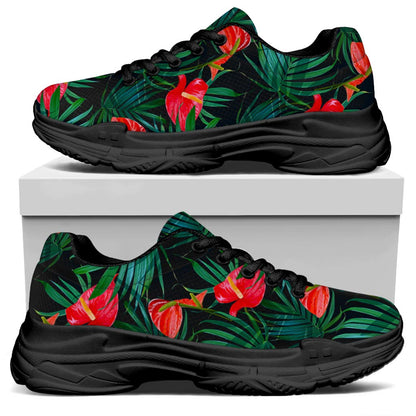 Hawaiian Tropical Flowers Pattern Print Black Chunky Shoes