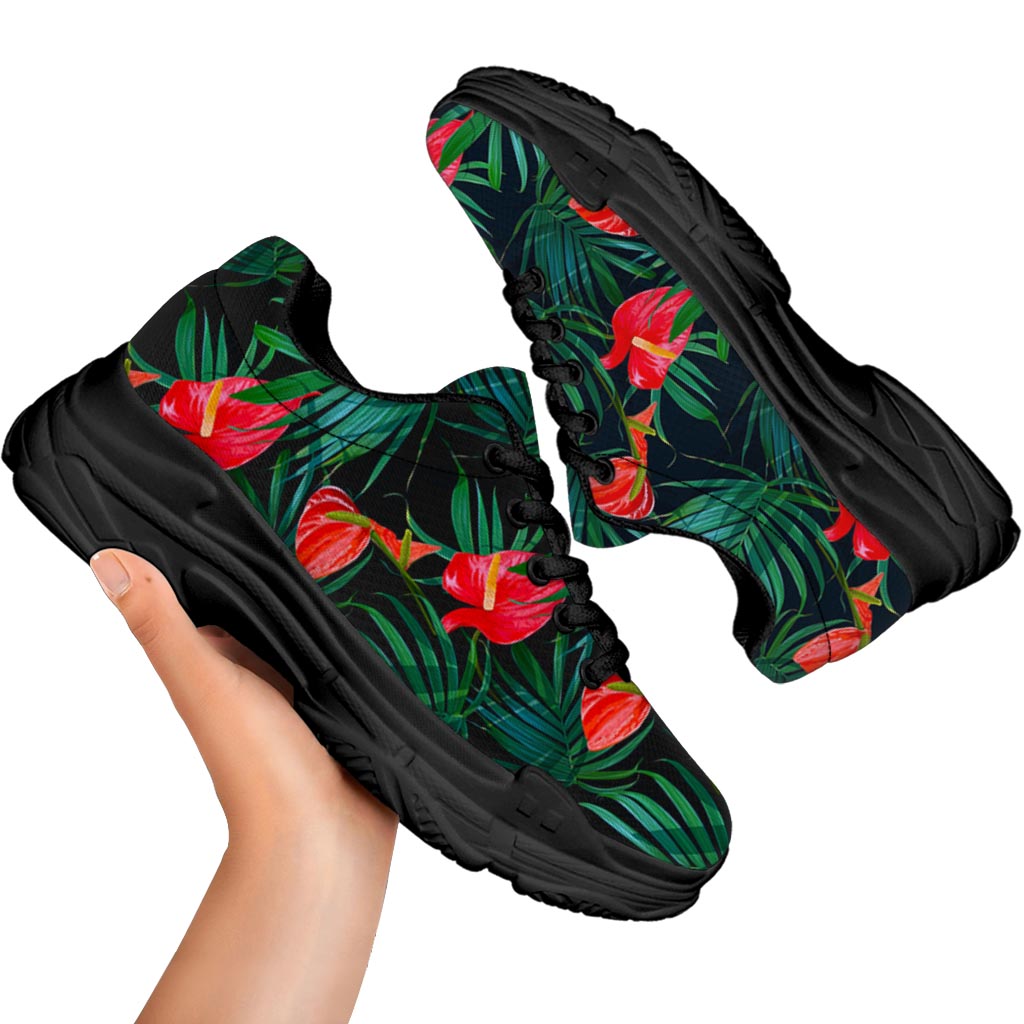 Hawaiian Tropical Flowers Pattern Print Black Chunky Shoes