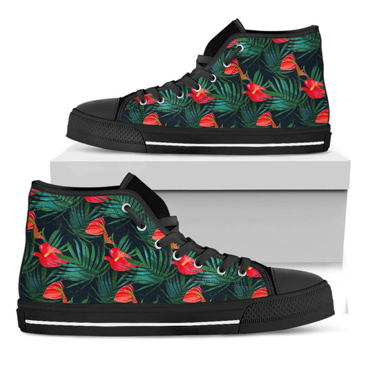 Hawaiian Tropical Flowers Pattern Print Black High Top Sneakers