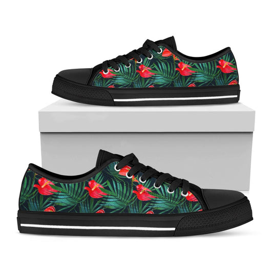 Hawaiian Tropical Flowers Pattern Print Black Low Top Sneakers
