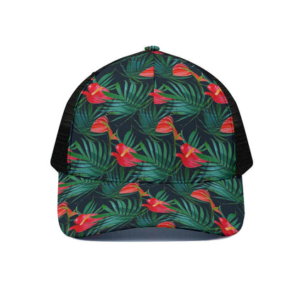 Hawaiian Tropical Flowers Pattern Print Black Mesh Trucker Cap
