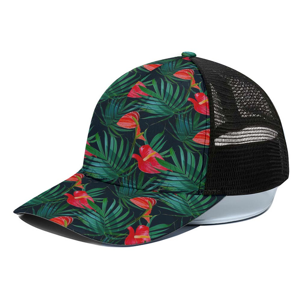 Hawaiian Tropical Flowers Pattern Print Black Mesh Trucker Cap