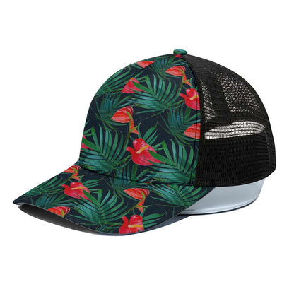 Hawaiian Tropical Flowers Pattern Print Black Mesh Trucker Cap
