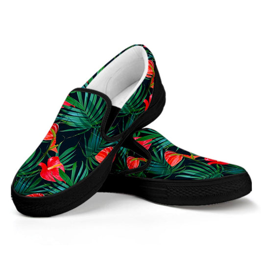 Hawaiian Tropical Flowers Pattern Print Black Slip On Sneakers