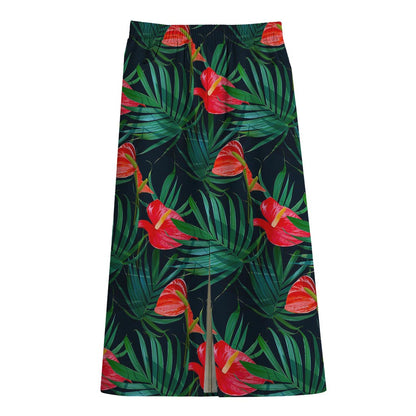 Hawaiian Tropical Flowers Pattern Print Cotton Front Slit Maxi Skirt