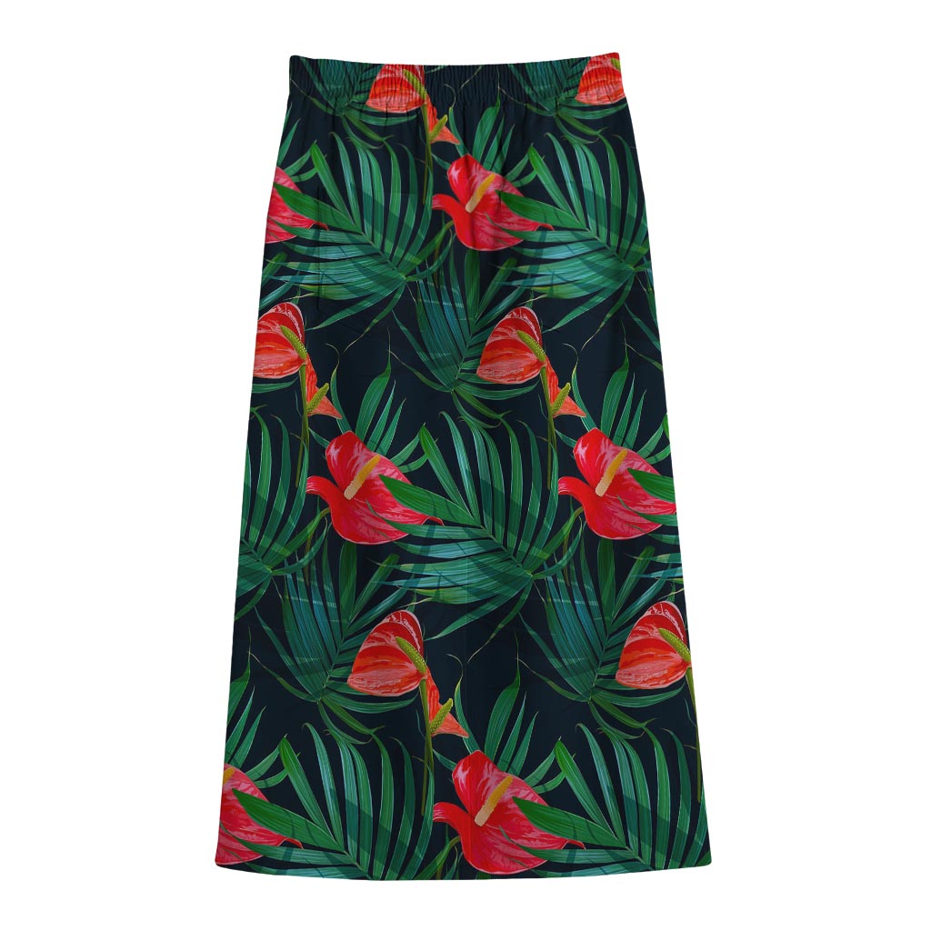 Hawaiian Tropical Flowers Pattern Print Cotton Front Slit Maxi Skirt