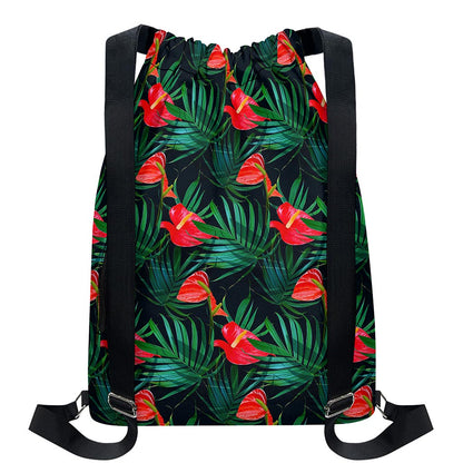 Hawaiian Tropical Flowers Pattern Print Drawstring Backpack
