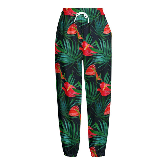 Hawaiian Tropical Flowers Pattern Print Fleece Lined Knit Pants