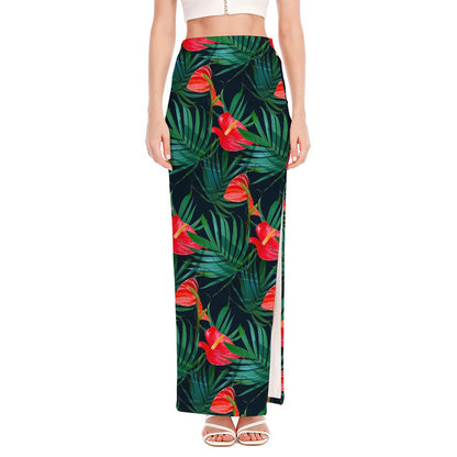 Hawaiian Tropical Flowers Pattern Print High Slit Maxi Skirt