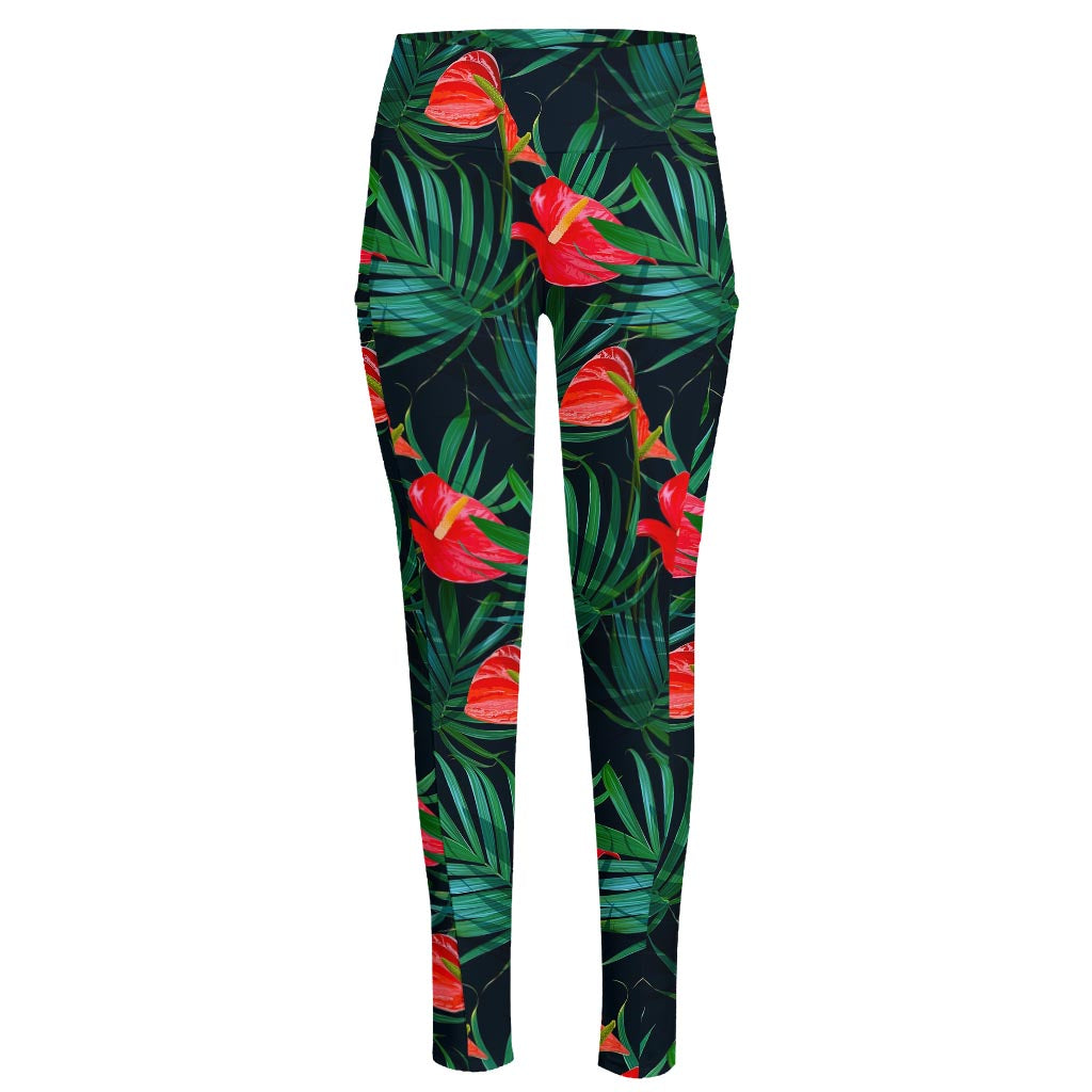Hawaiian Tropical Flowers Pattern Print High-Waisted Pocket Leggings