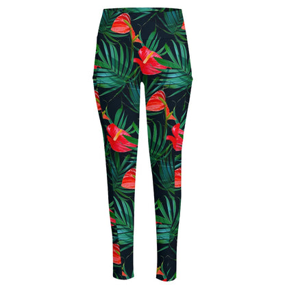 Hawaiian Tropical Flowers Pattern Print High-Waisted Pocket Leggings