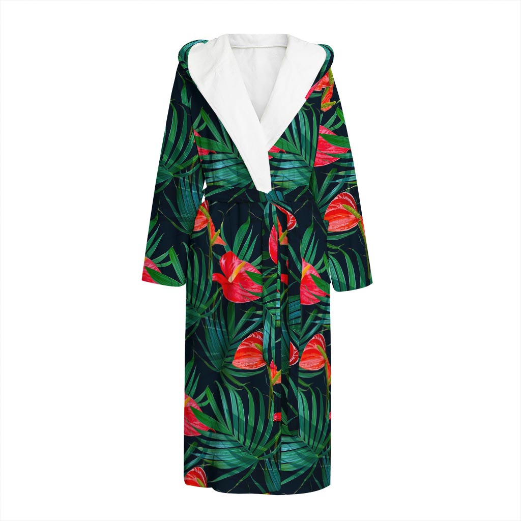 Hawaiian Tropical Flowers Pattern Print Hooded Bathrobe