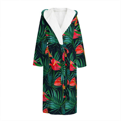 Hawaiian Tropical Flowers Pattern Print Hooded Bathrobe