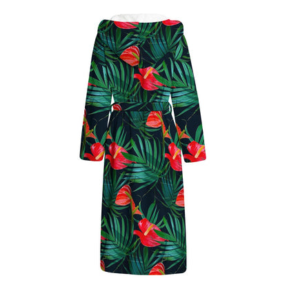 Hawaiian Tropical Flowers Pattern Print Hooded Bathrobe