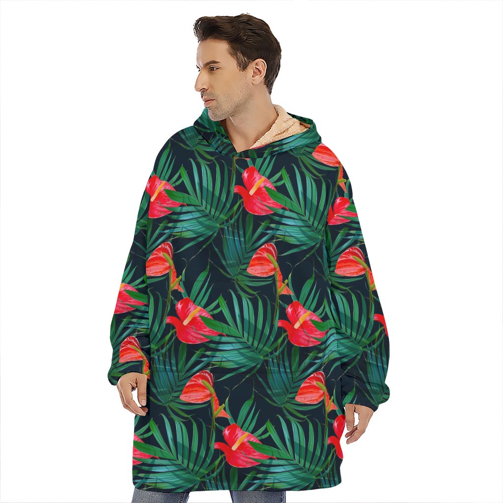 Hawaiian Tropical Flowers Pattern Print Hoodie Blanket