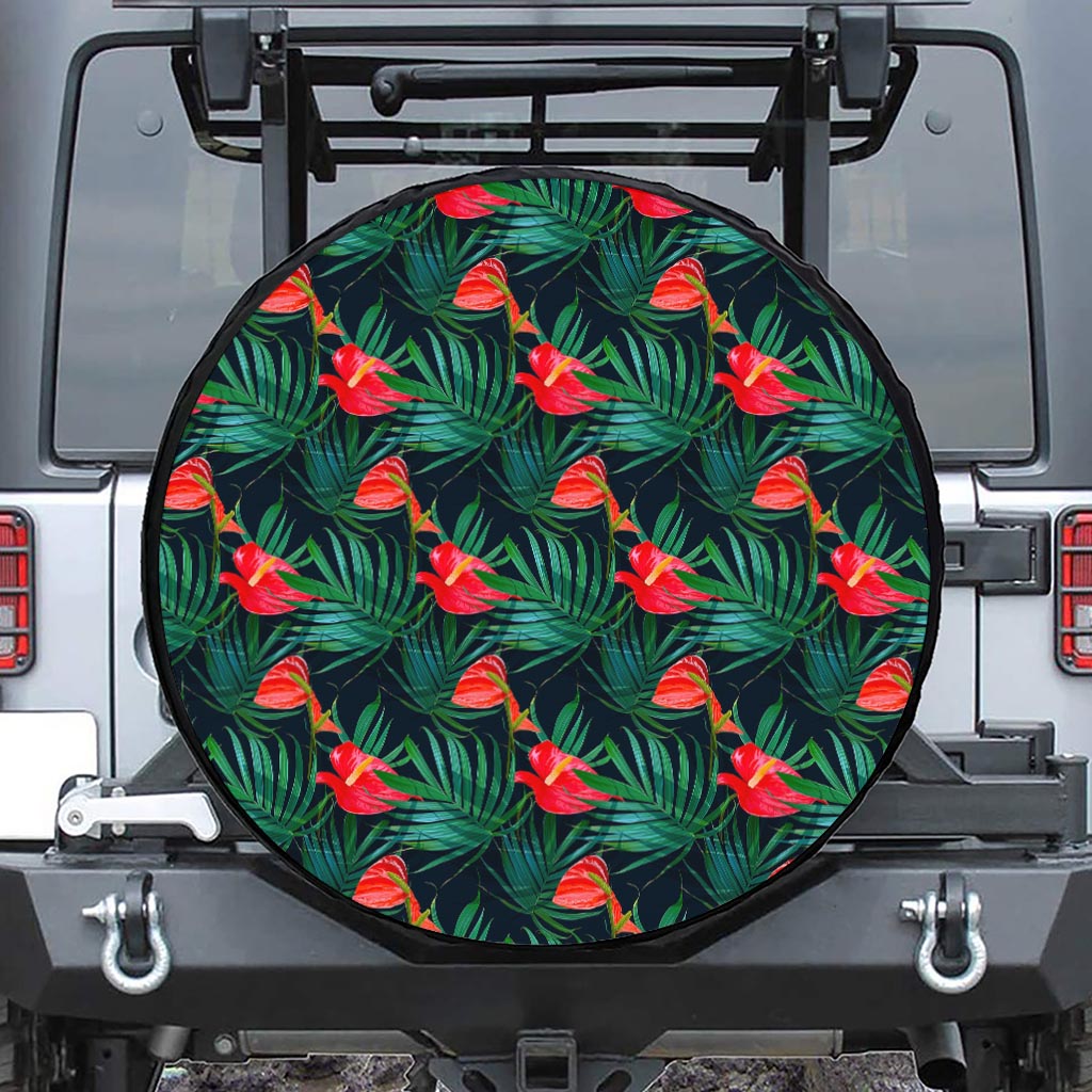 Hawaiian Tropical Flowers Pattern Print Leather Spare Tire Cover