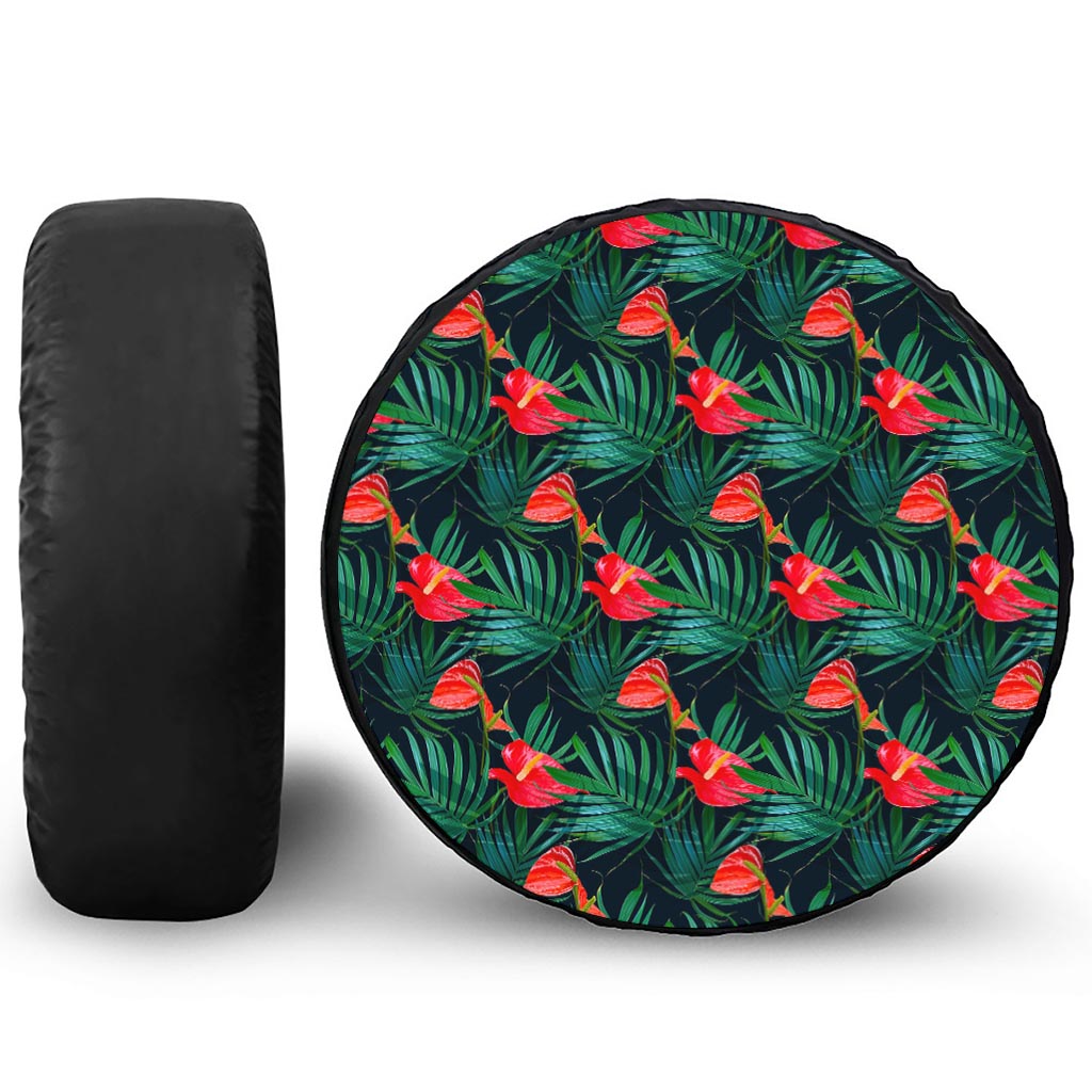 Hawaiian Tropical Flowers Pattern Print Leather Spare Tire Cover