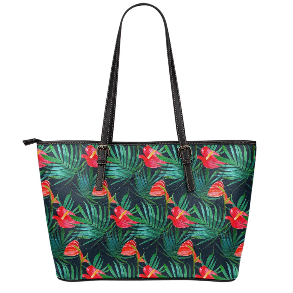 Hawaiian Tropical Flowers Pattern Print Leather Tote Bag