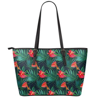 Hawaiian Tropical Flowers Pattern Print Leather Tote Bag
