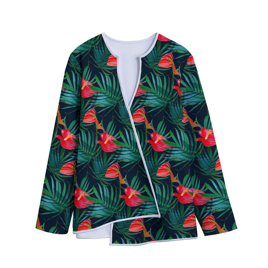 Hawaiian Tropical Flowers Pattern Print Long Sleeve Short Coat