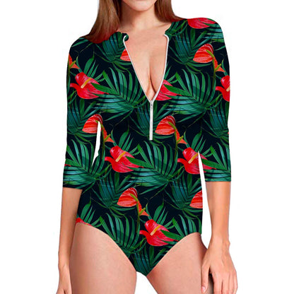 Hawaiian Tropical Flowers Pattern Print Long Sleeve Swimsuit