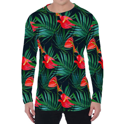 Hawaiian Tropical Flowers Pattern Print Men's Long Sleeve T-Shirt