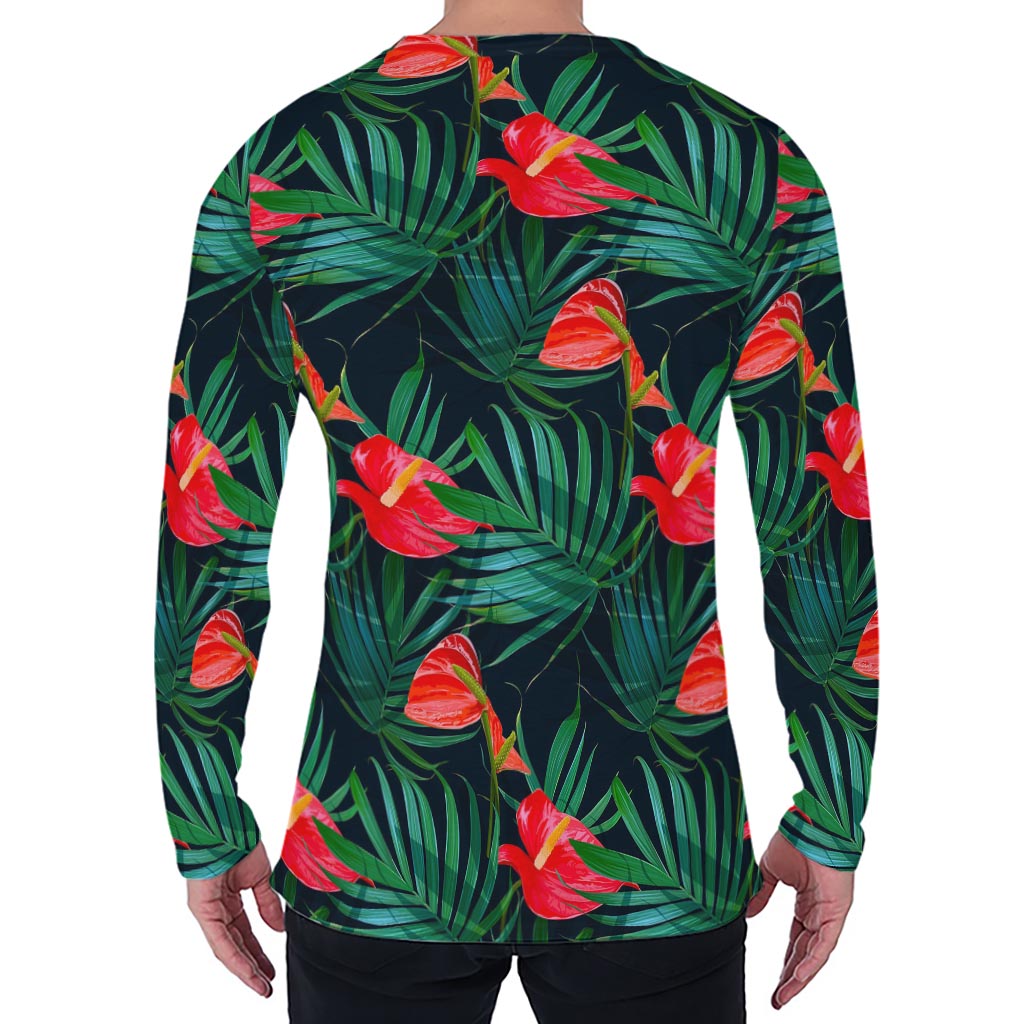 Hawaiian Tropical Flowers Pattern Print Men's Long Sleeve T-Shirt