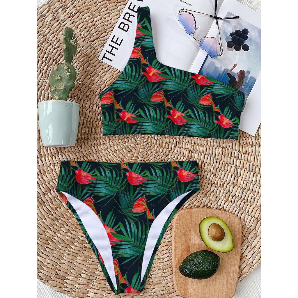 Hawaiian Tropical Flowers Pattern Print One Shoulder Bikini Top