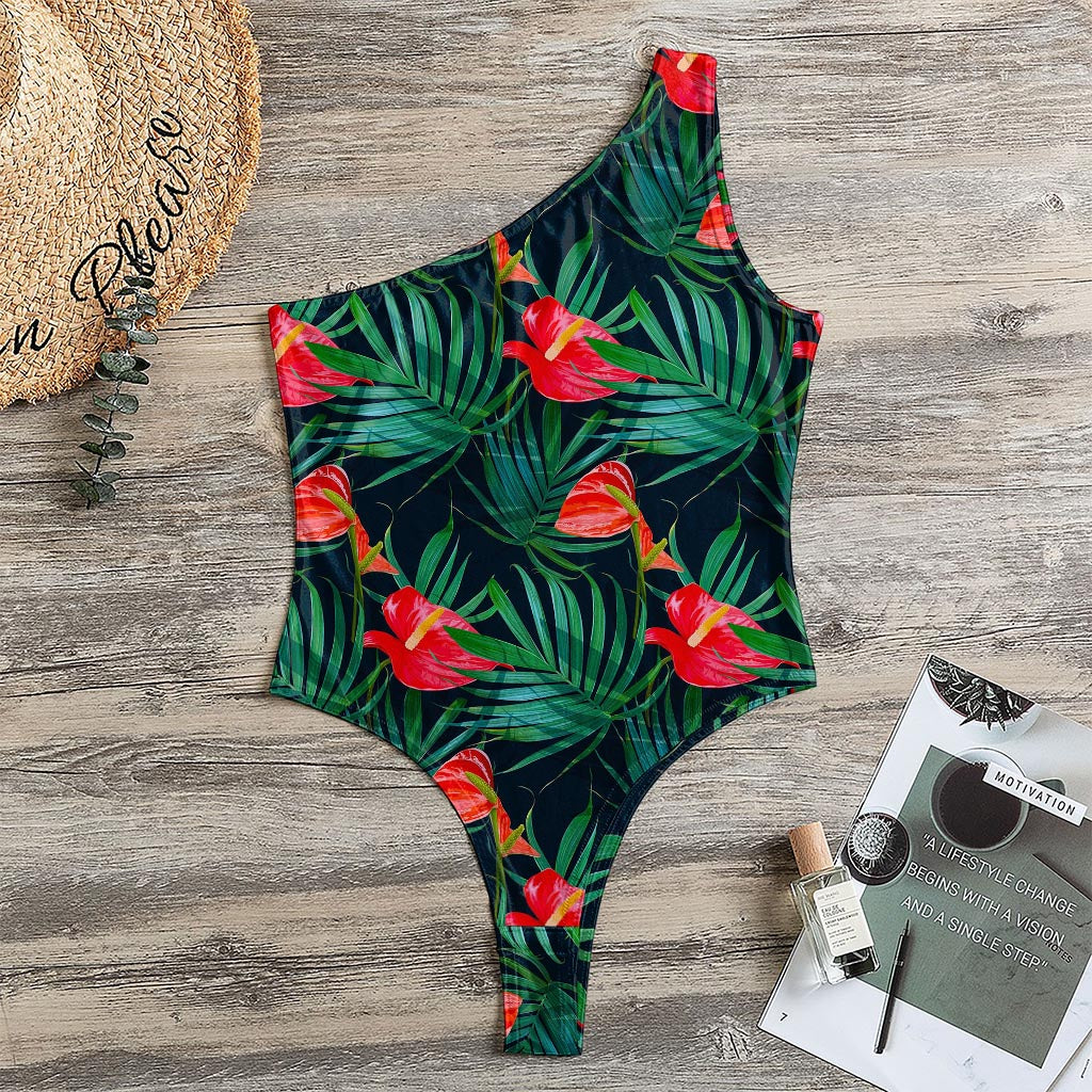 Hawaiian Tropical Flowers Pattern Print One Shoulder Bodysuit