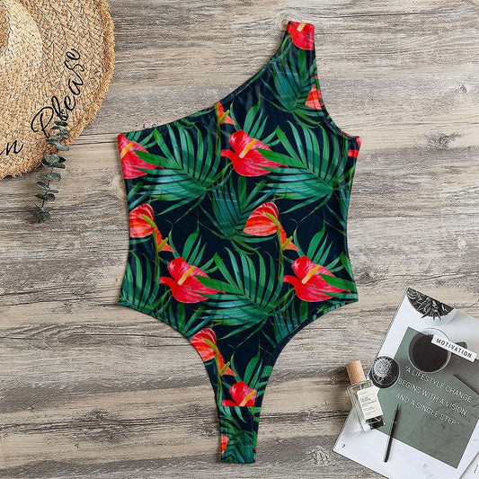 Hawaiian Tropical Flowers Pattern Print One Shoulder Bodysuit