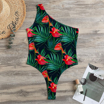 Hawaiian Tropical Flowers Pattern Print One Shoulder Bodysuit