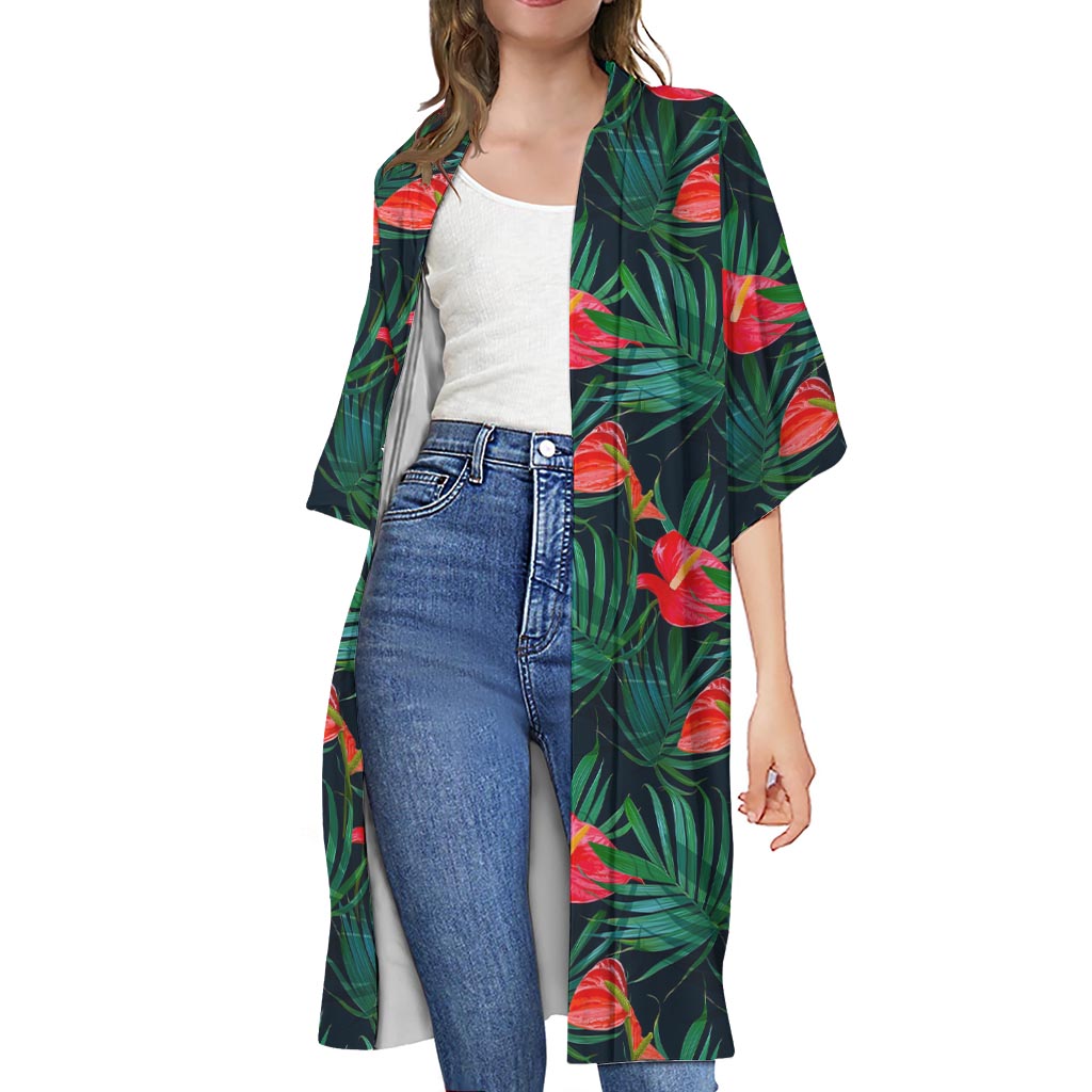 Hawaiian Tropical Flowers Pattern Print Open Front Beach Cover Up