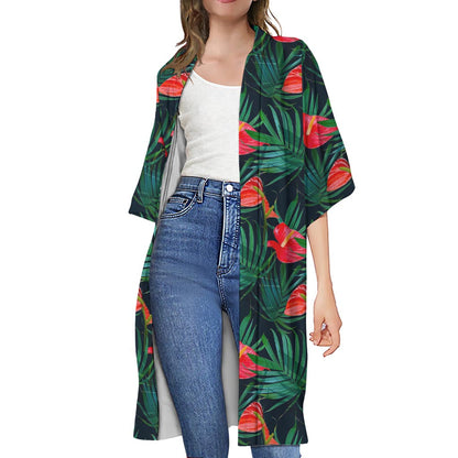 Hawaiian Tropical Flowers Pattern Print Open Front Beach Cover Up
