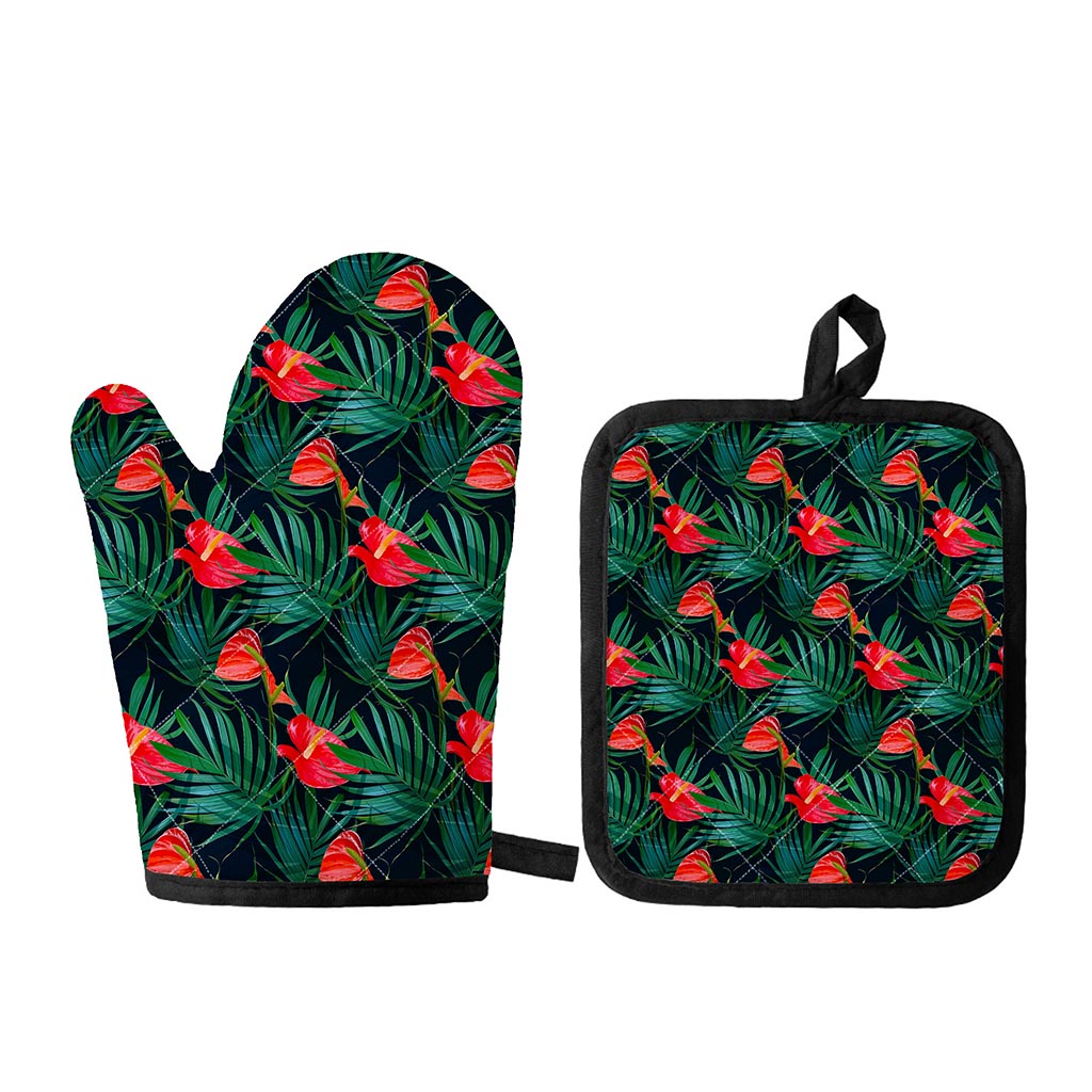 Hawaiian Tropical Flowers Pattern Print Oven Mitt And Pot Holder Set