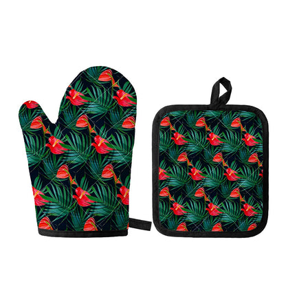 Hawaiian Tropical Flowers Pattern Print Oven Mitt And Pot Holder Set