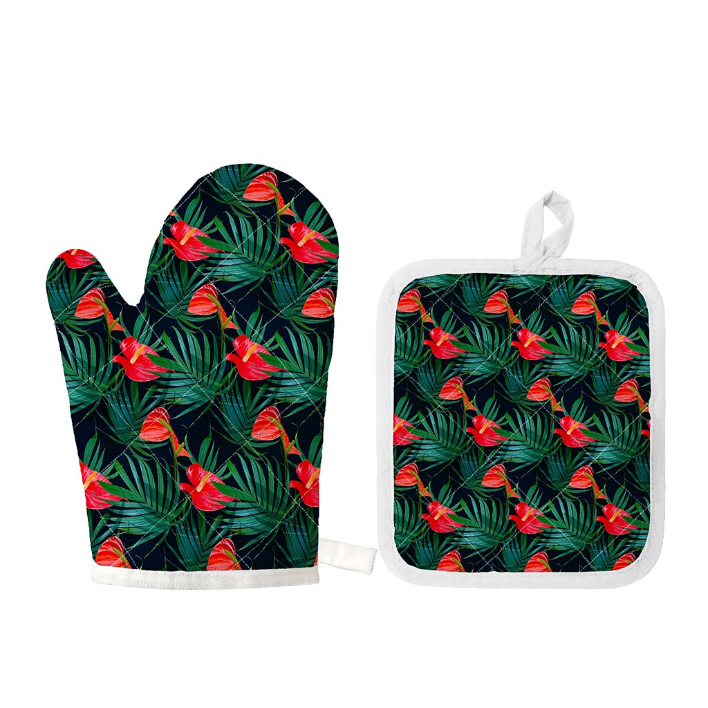 Hawaiian Tropical Flowers Pattern Print Oven Mitt And Pot Holder Set