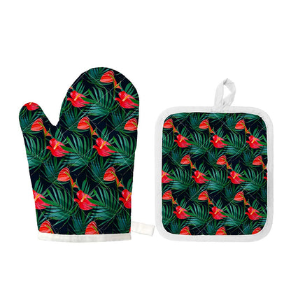 Hawaiian Tropical Flowers Pattern Print Oven Mitt And Pot Holder Set