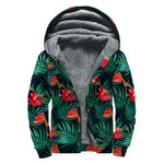 Hawaiian Tropical Flowers Pattern Print Sherpa Lined Zip Up Hoodie