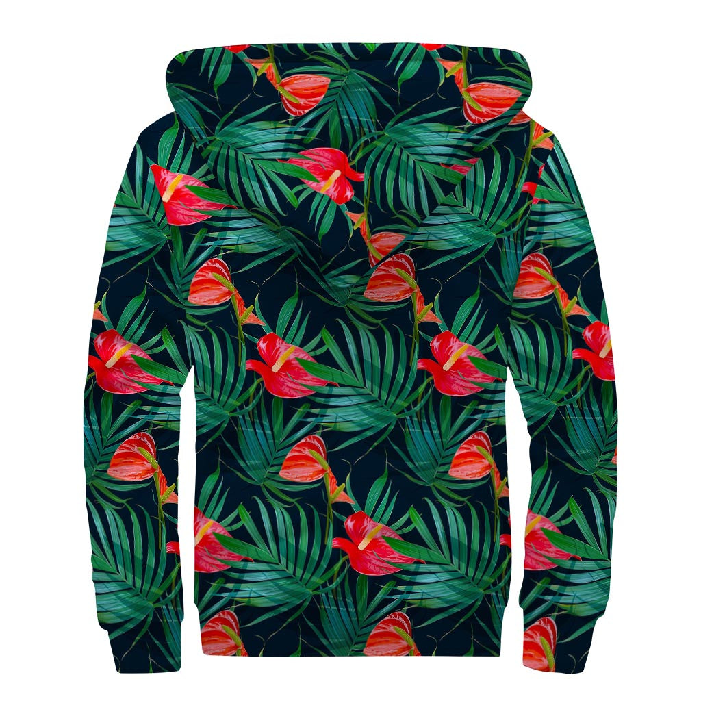 Hawaiian Tropical Flowers Pattern Print Sherpa Lined Zip Up Hoodie