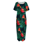Hawaiian Tropical Flowers Pattern Print Short Sleeve Long Nightdress