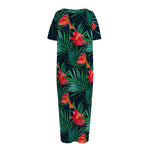Hawaiian Tropical Flowers Pattern Print Short Sleeve Long Nightdress