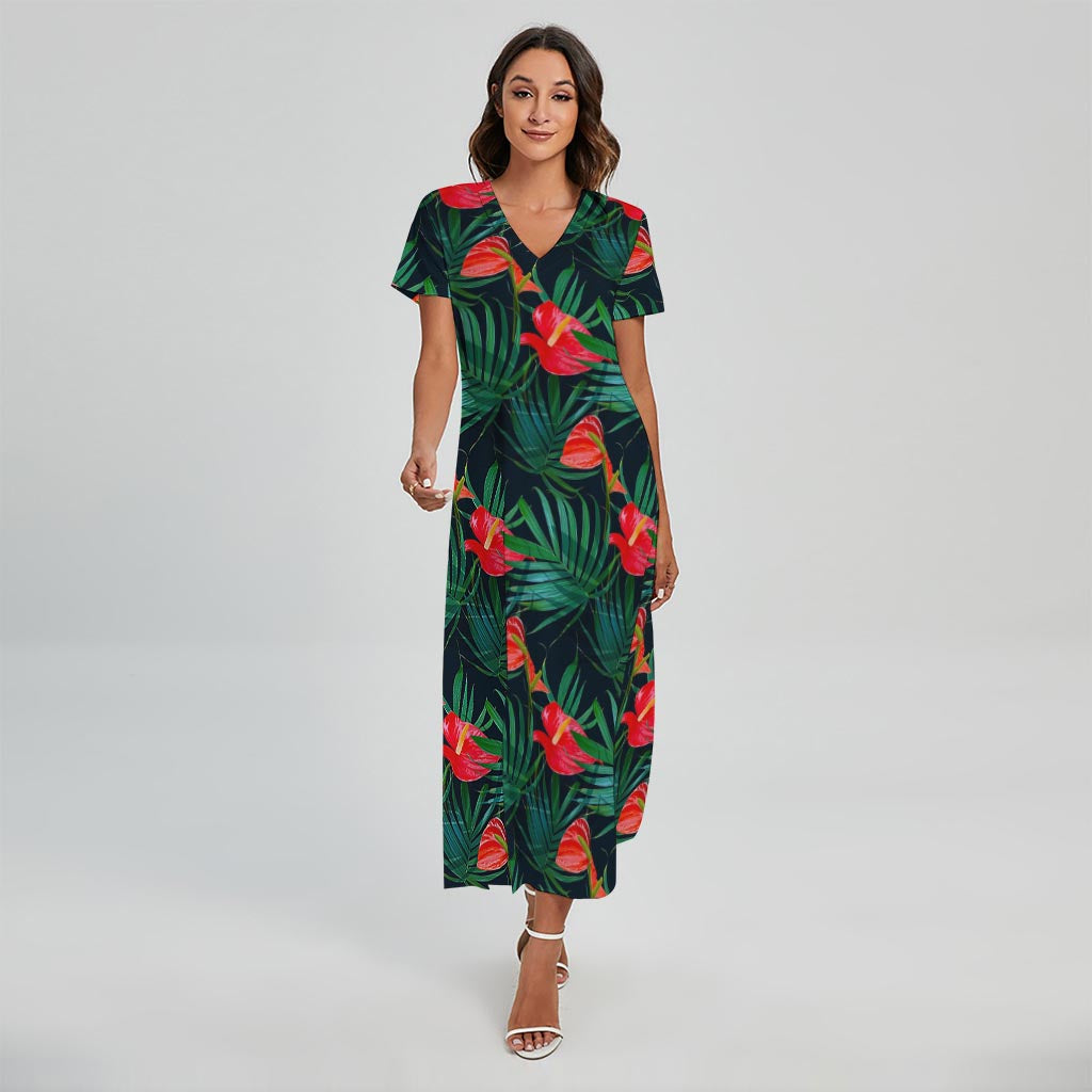 Hawaiian Tropical Flowers Pattern Print Short Sleeve Maxi Dress