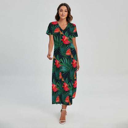 Hawaiian Tropical Flowers Pattern Print Short Sleeve Maxi Dress
