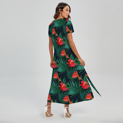 Hawaiian Tropical Flowers Pattern Print Short Sleeve Maxi Dress