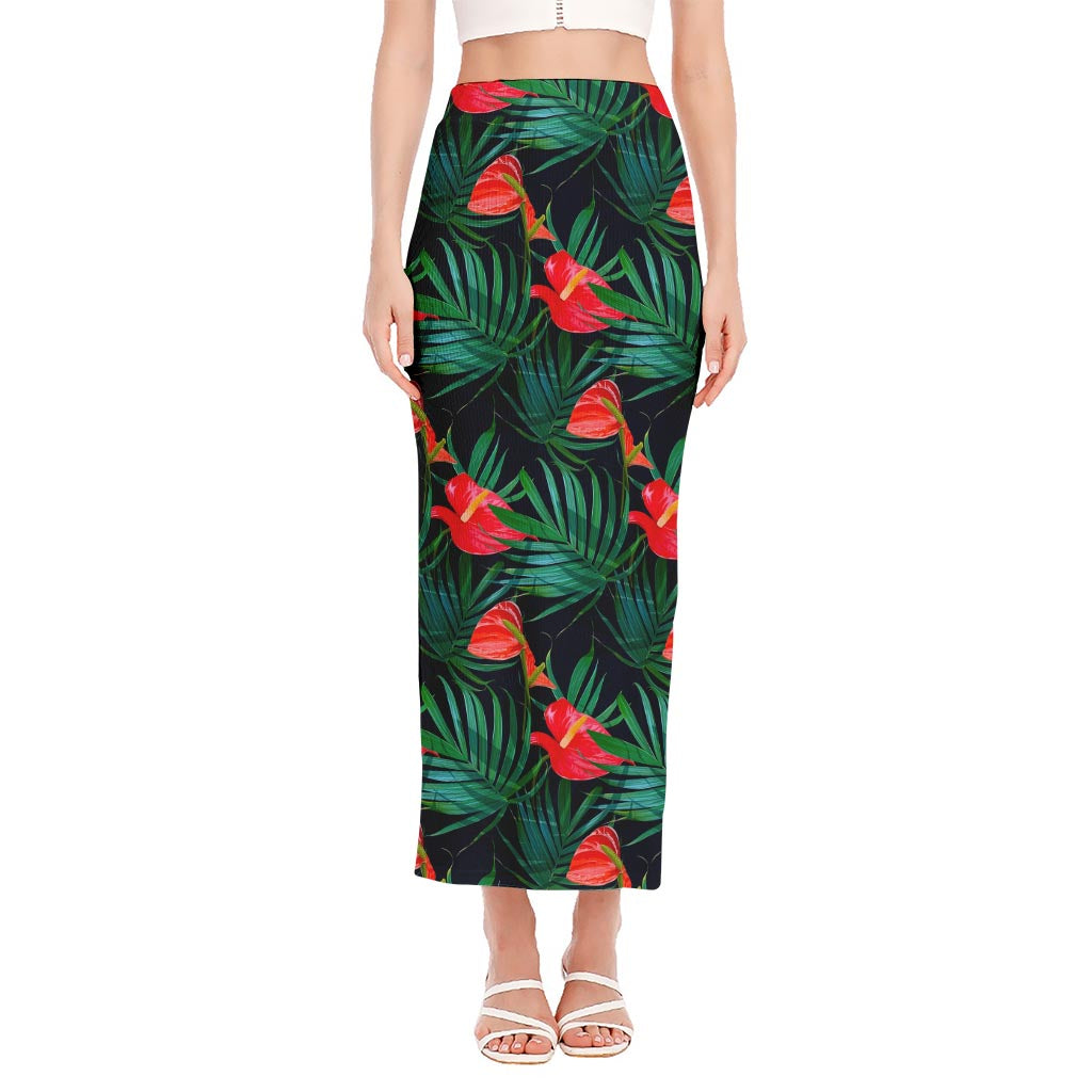 Hawaiian Tropical Flowers Pattern Print Side Slit Maxi Skirt