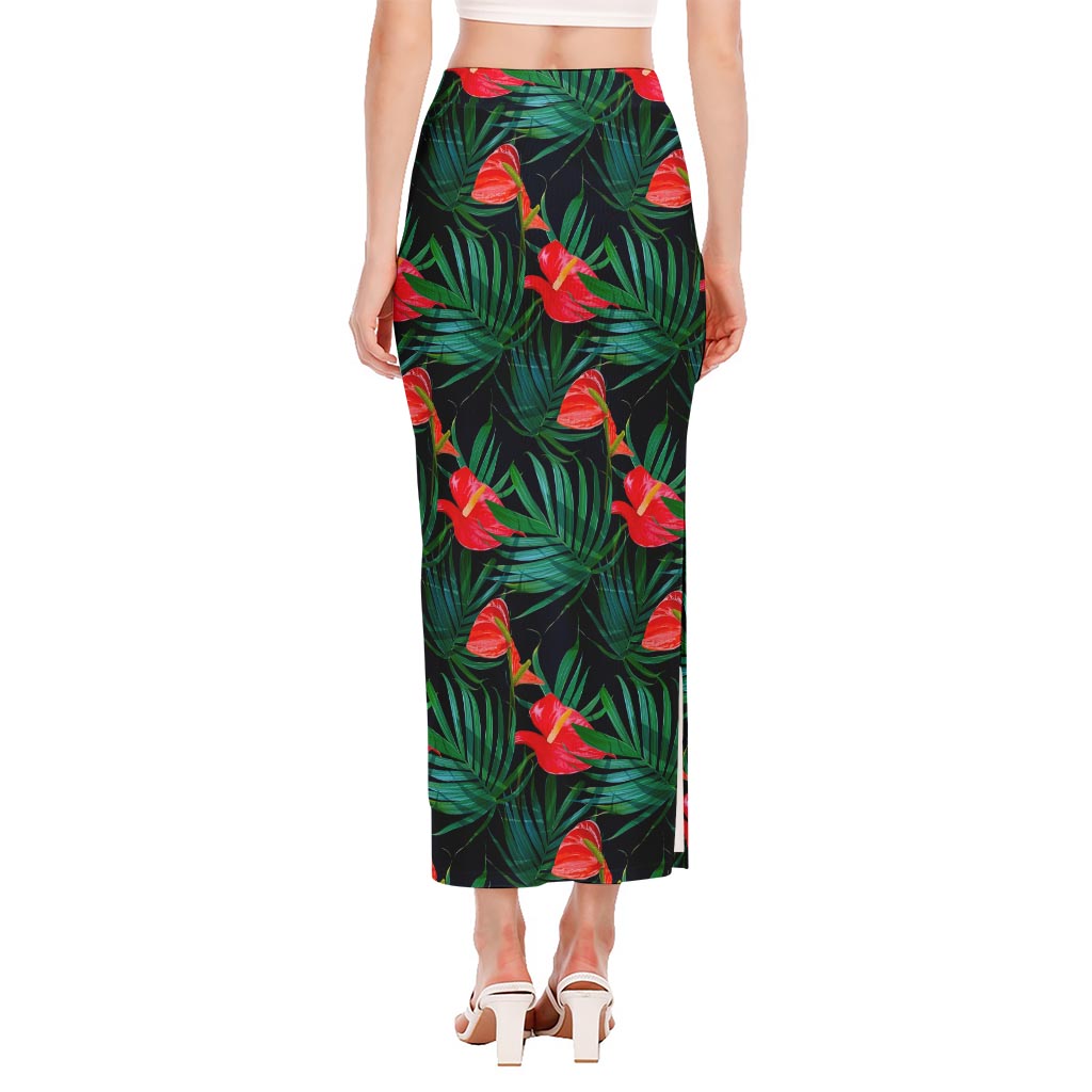 Hawaiian Tropical Flowers Pattern Print Side Slit Maxi Skirt