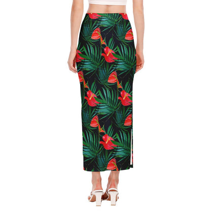 Hawaiian Tropical Flowers Pattern Print Side Slit Maxi Skirt