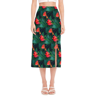 Hawaiian Tropical Flowers Pattern Print Side Slit Midi Skirt