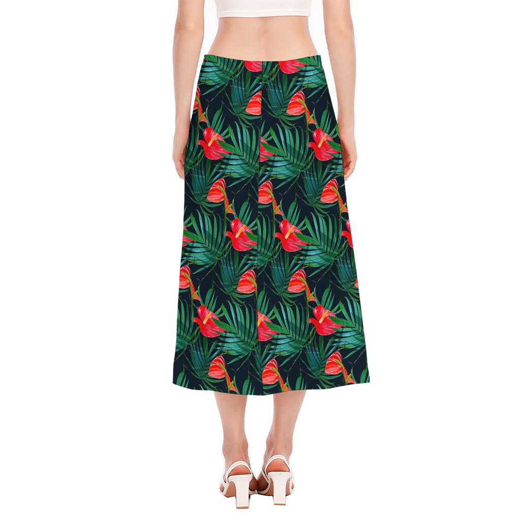 Hawaiian Tropical Flowers Pattern Print Side Slit Midi Skirt